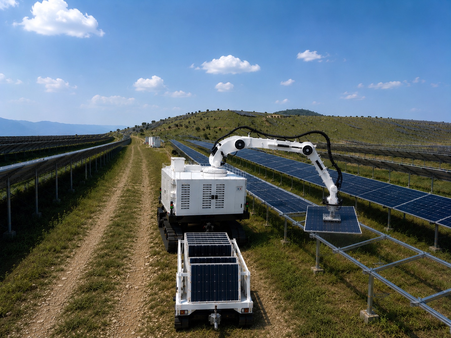 Solar-field installation robot system working with a supply trailer